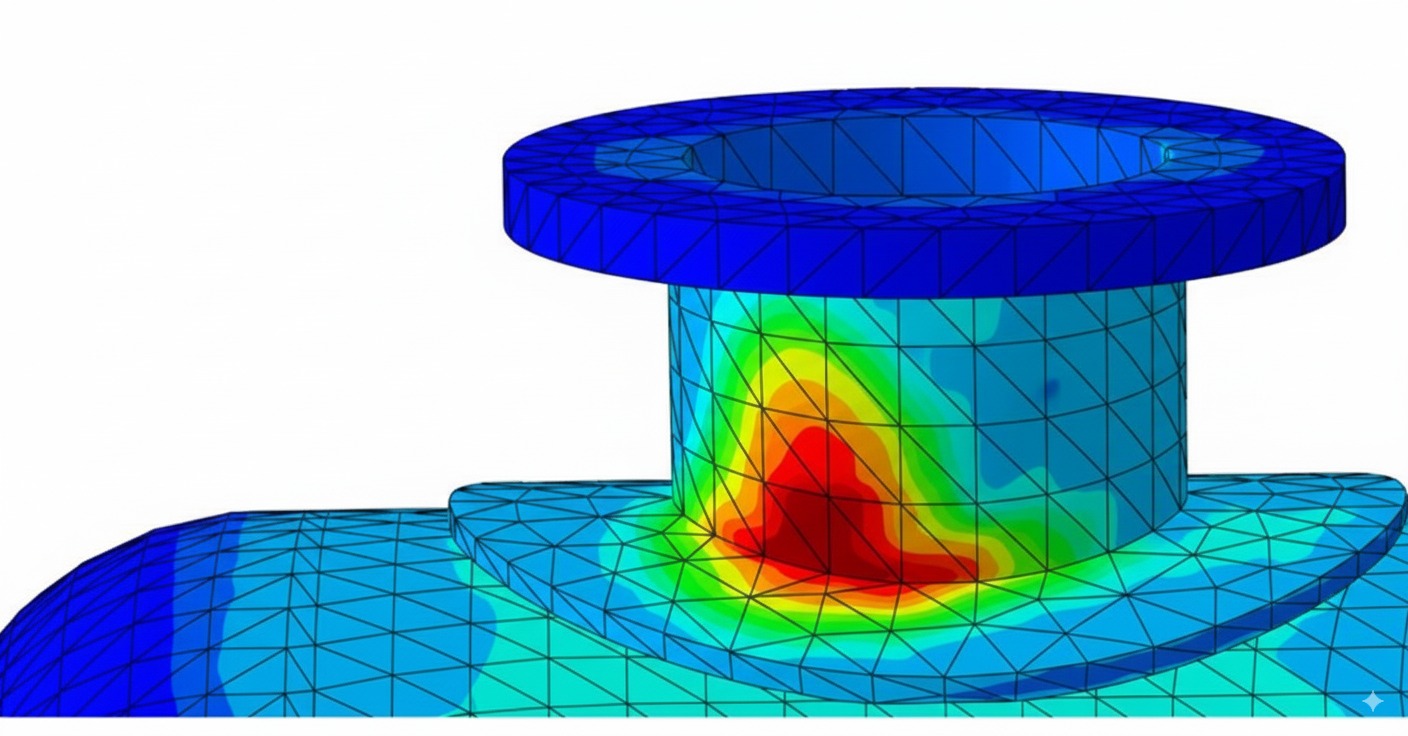 3D solid elements at nozzle weld toe showing von Mises peak.